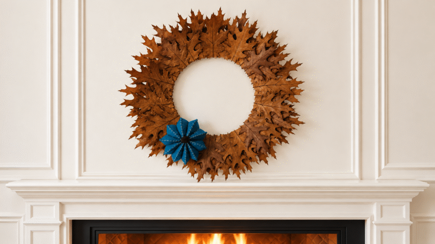 Couronne d’automne en feuilles de chêne séchées, ornée d’une citrouille bleue en feutrine, suspendue au-dessus d’une cheminée blanche avec flammes visibles.