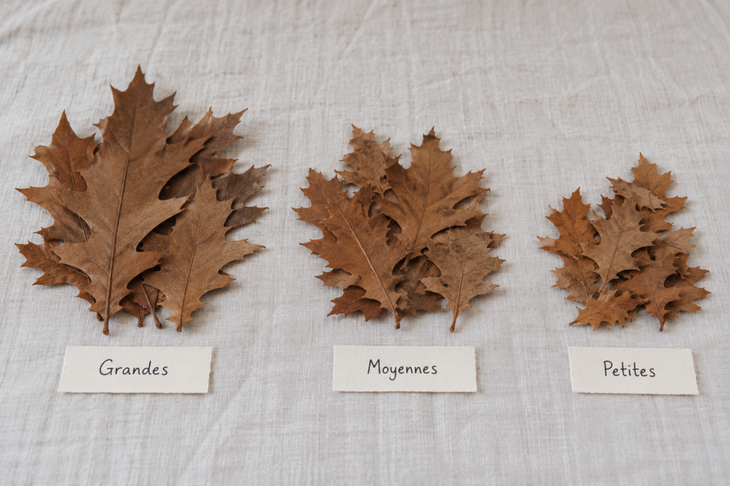 3 Piles de feuilles séchées avec des étiquettes: grandes, moyennes et petites